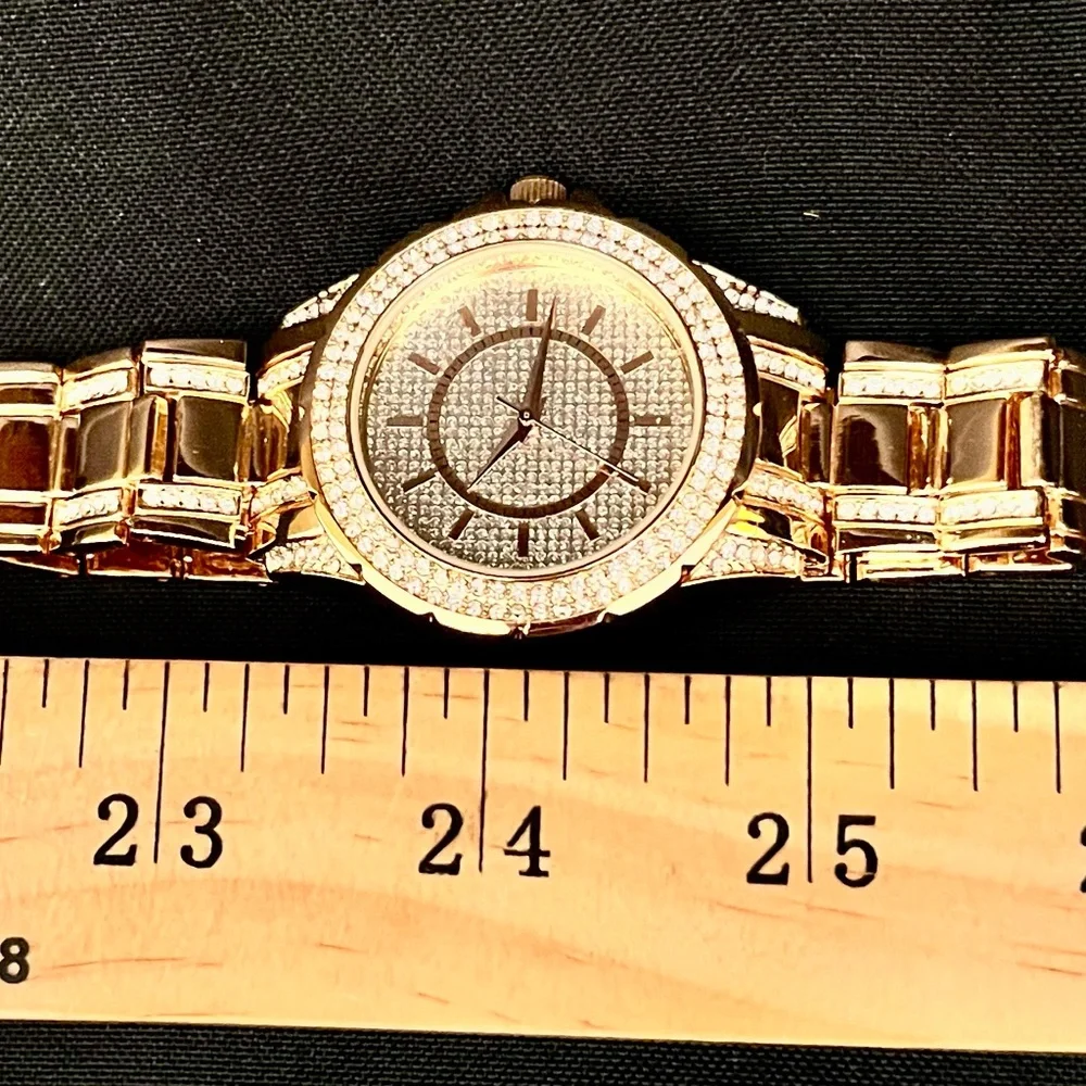 FMDAL Oversized Gold Glitz Watch Iced Out Pavé Rhinestone Statement Bling Glam